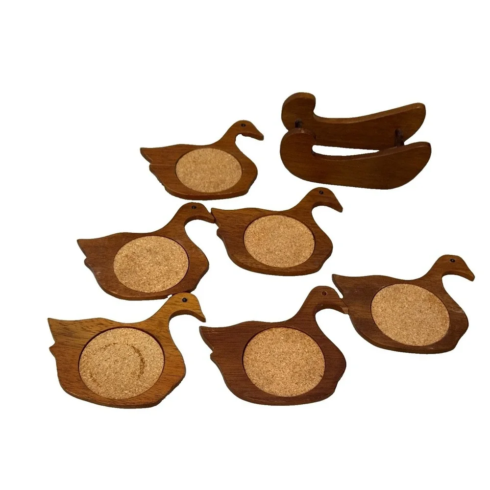 Vintage Wood Cork Chicken Ducks Geese Coaster Set Of 6 With Rack Holder *Flaw
